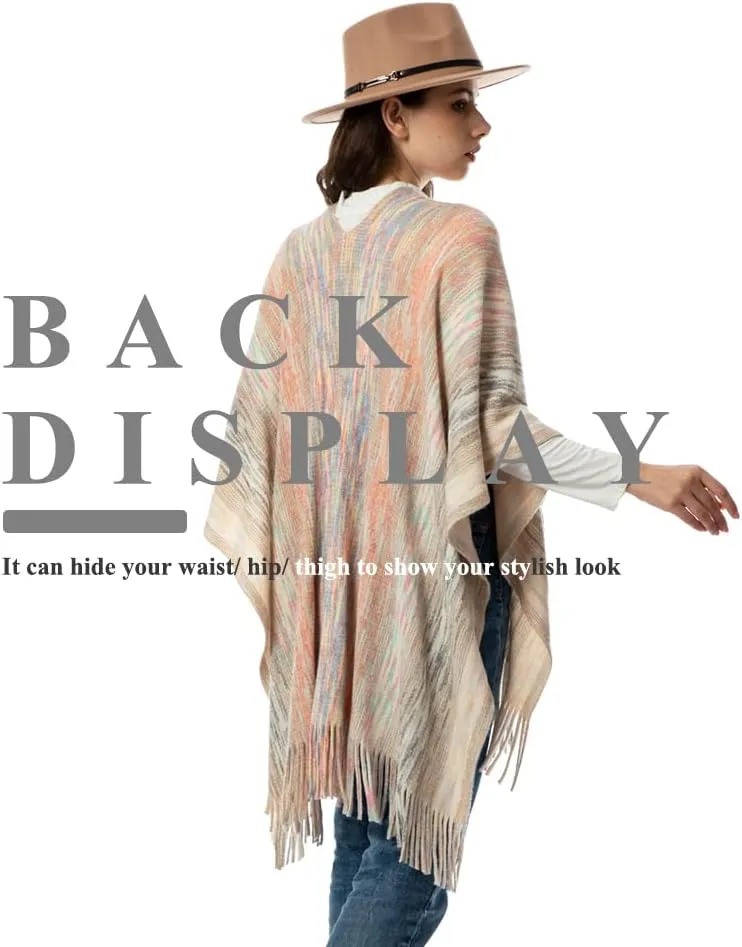 Women's Knit Shawl Wraps, Knitted Poncho Cape Open Front Cardigan Sweater with Tassel for Spring Fall Winter