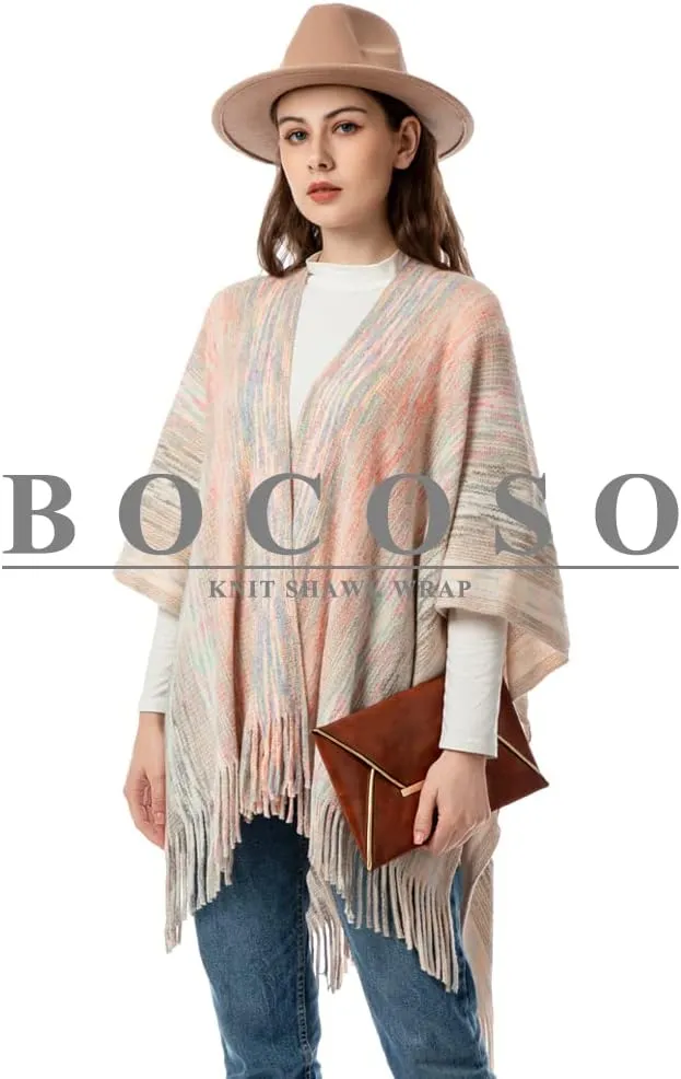 Women's Knit Shawl Wraps, Knitted Poncho Cape Open Front Cardigan Sweater with Tassel for Spring Fall Winter