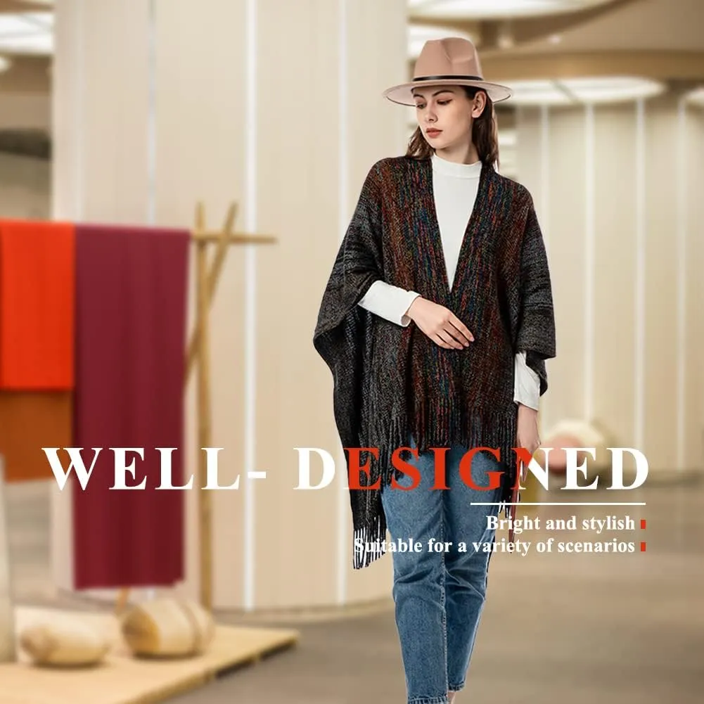 Women's Knit Shawl Wraps, Knitted Poncho Cape Open Front Cardigan Sweater with Tassel for Spring Fall Winter