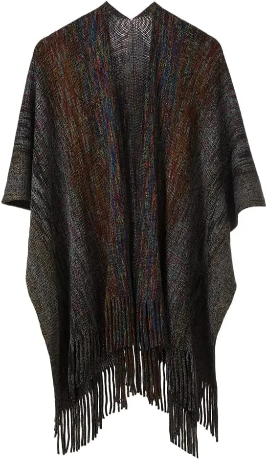 Women's Knit Shawl Wraps, Knitted Poncho Cape Open Front Cardigan Sweater with Tassel for Spring Fall Winter