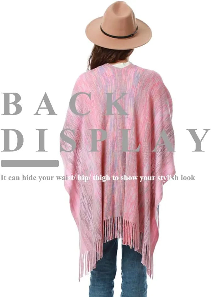 Women's Knit Shawl Wraps, Knitted Poncho Cape Open Front Cardigan Sweater with Tassel for Spring Fall Winter