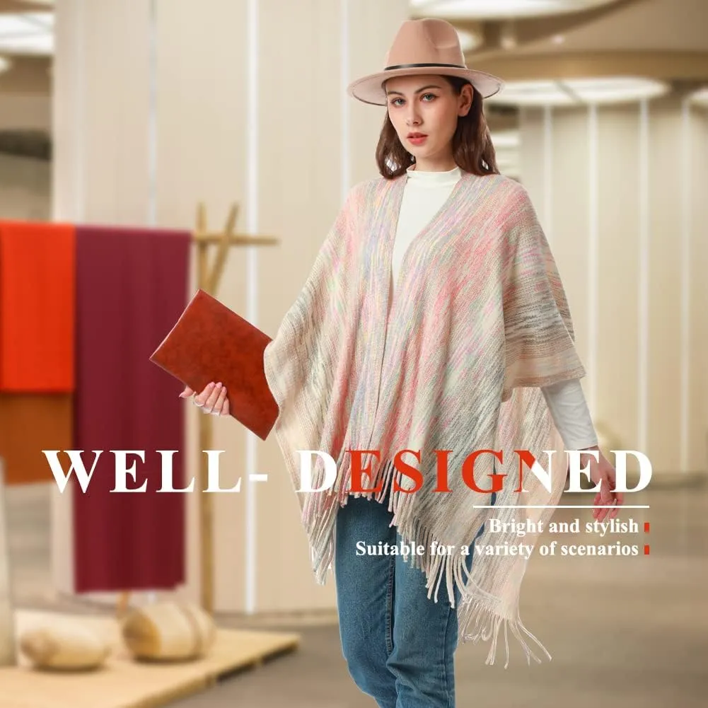 Women's Knit Shawl Wraps, Knitted Poncho Cape Open Front Cardigan Sweater with Tassel for Spring Fall Winter