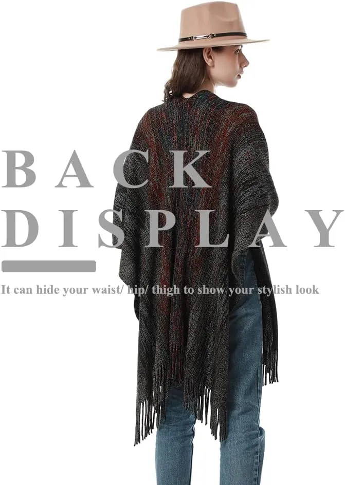 Women's Knit Shawl Wraps, Knitted Poncho Cape Open Front Cardigan Sweater with Tassel for Spring Fall Winter