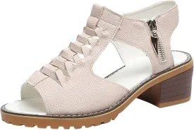 Womens Wedge Sandals Orthopedic Sandals for Women, Peep Toe Cutout Zipper Chunky Heeled Sandal, Summer Comfortable Leather Beach Walking Shoes Slip On Loafers