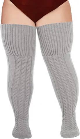 Wool Plus Size Thigh High Socks For Thick Thighs- Extra Long Womens Warm Cable Knit Over Knee Stockings Leg Warmers