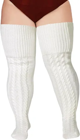 Wool Plus Size Thigh High Socks For Thick Thighs- Extra Long Womens Warm Cable Knit Over Knee Stockings Leg Warmers