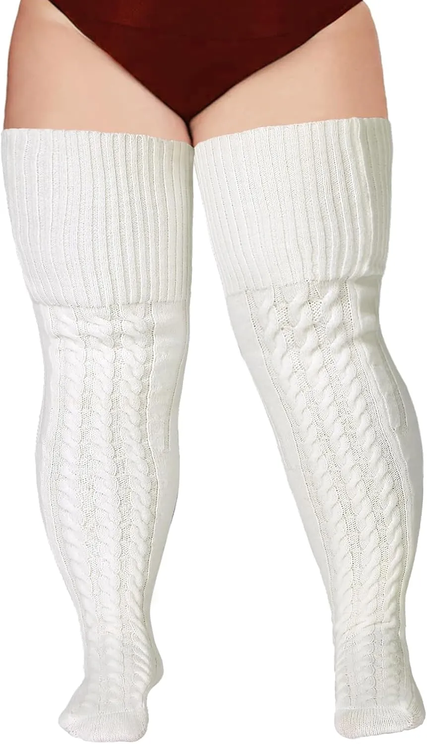 Wool Plus Size Thigh High Socks For Thick Thighs- Extra Long Womens Warm Cable Knit Over Knee Stockings Leg Warmers