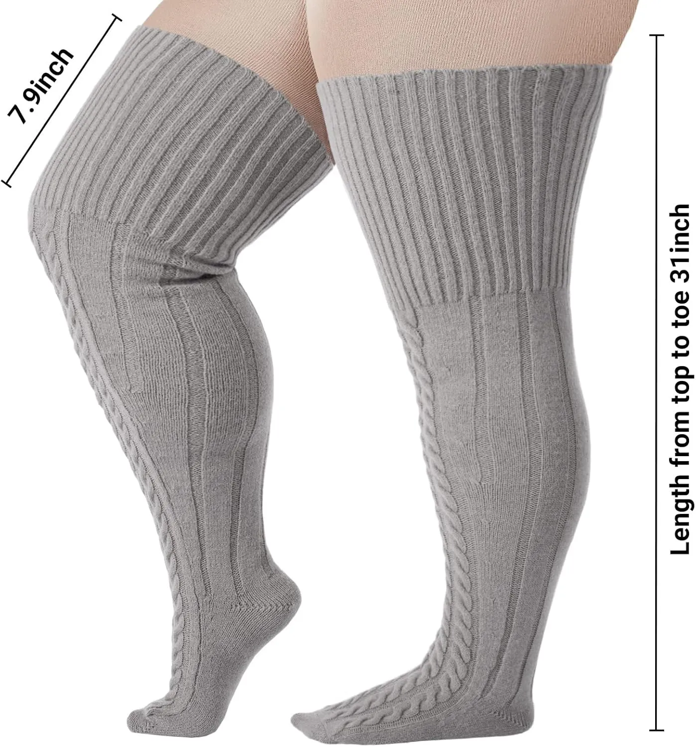 Wool Plus Size Thigh High Socks For Thick Thighs- Extra Long Womens Warm Cable Knit Over Knee Stockings Leg Warmers