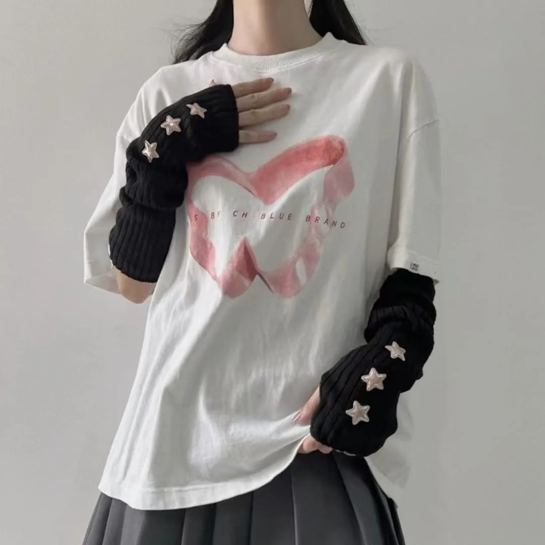 Y2K Women Teens Knitted Arm Warmers Japanese Harajuke Cosplay Lolita Cute Fingerless Mittens Thumb Hole Gloves