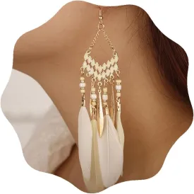 YERTTER Gold Long White Fake Feather Drop Dangle Earrings Women Statement Tassel Ethnic Beaded Earrings Hook Lightweight Boho Earrings Set Vintage Dangle Earrings Gift for Women White