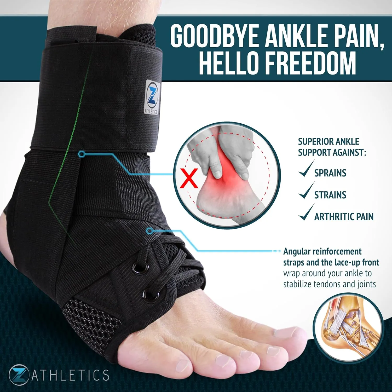 Zenith Ankle Brace, Lace Up Adjustable Support  for Running, Basketball, Injury Recovery, Sprain! Ankle Wrap for Men, Women, and Children